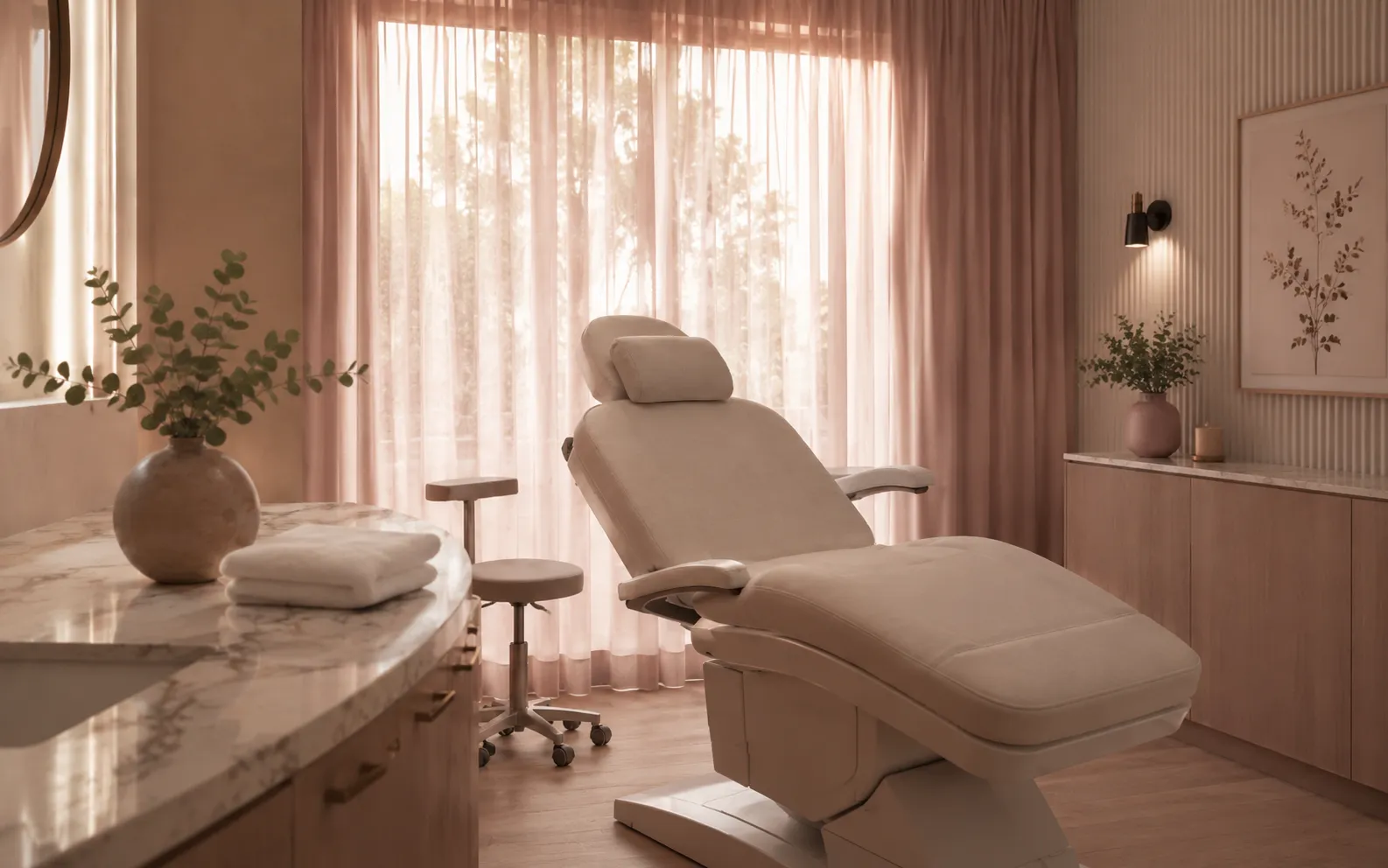 Medspa interior detail, marble, glass apothecary bottle, eucalyptus