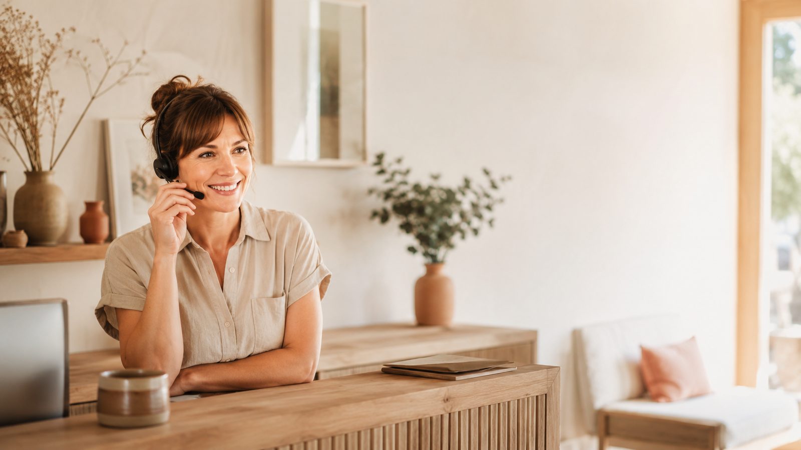 A warm Let's Chat receptionist smiling while taking a call at a front desk