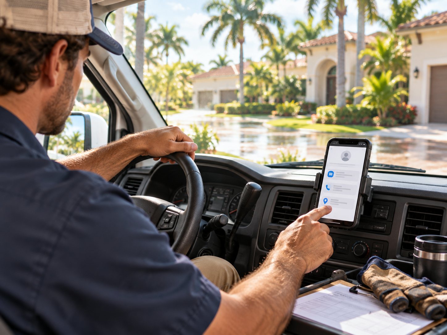 A plumber in his van reading the job details on his phone
